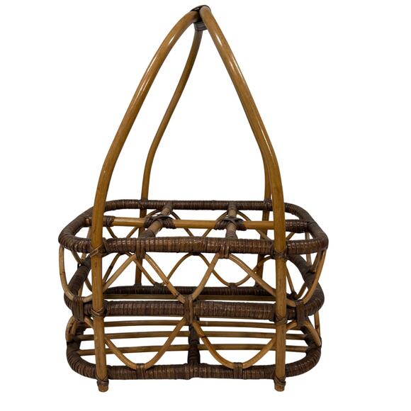 Vintage Woven Bamboo Bent Handle Basket Rustic Boho Farmhouse Decor 18” - Picture 2 of 9